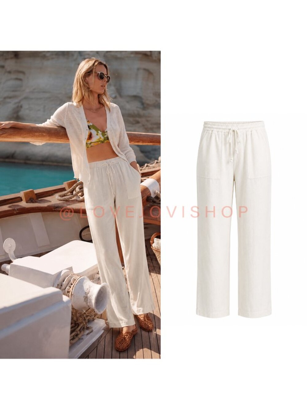 Resort | J Crew Cream Linen Drawstring Straight Leg Pants | Outside Pockets | L